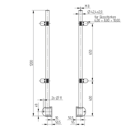 V2A Poteau dangle pour angle intérieur avec 4 pinces à verre 